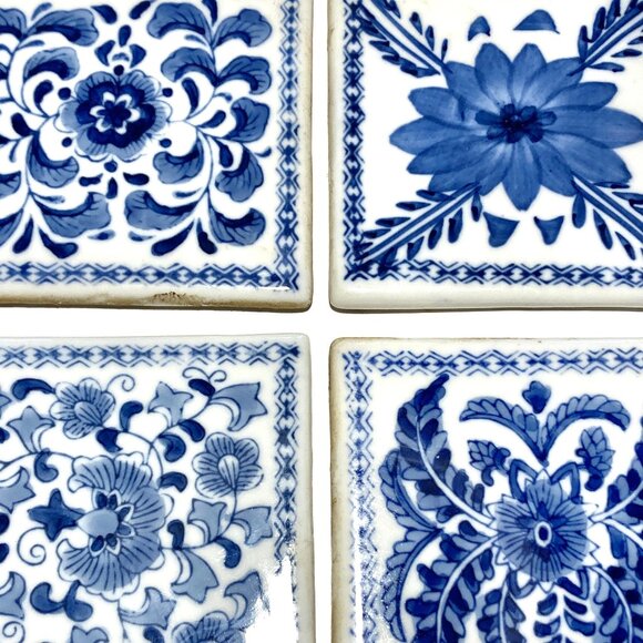 Set of 4 Vintage Blue + White Ceramic Tiles - Picture 8 of 9